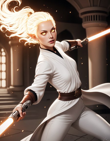 score_9,score_8_up,score_7_up, a beautiful tiefling jedi at coruscant, action pose, fighting, arched back, jedi temple, lightsaber, burning hair, glowing hair, short hair, high ponytail, small breasts, looking at viewer, rating_safe, robes, white leather pants,