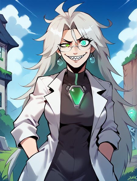 score_9_up, score_8_up, score_7_up, rating_safe, solo focus, cowboy shot, <lora:Expressive_H:1>, Expressiveh, glasses, mad scientist, very long hair, light grey hair, (messy hair), cyan eyes, heterochromia, acid green eyes, <lora:uneven_eyes_v1_pruned:.8>, uneven eyes, large breasts, smiling, sharp teeth, lab coat
, outside, landscape, in a house, <lora:arbuz_budesh_-_art_style_Price_or_Freedom:1>, ar_bd