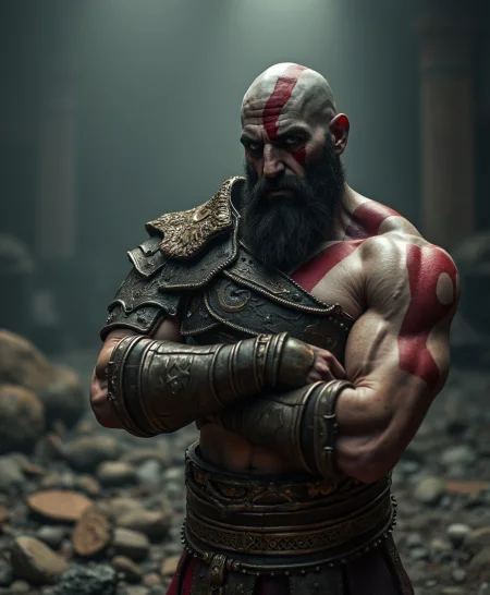 A hyper-realistic cinematic photograph of Kratos from God of War, standing firmly with his arms crossed. He is dressed in armor and depicted in all his battle-worn glory. The background is a dark and gritty battlefield with dramatic lighting, casting sharp shadows and highlighting his muscles and armor. photography, shadows, raw photo, detailed, realistic, photograph, cinema quality