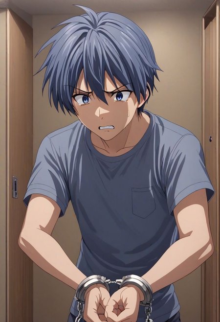 high resolution, solo, best quality, 1Boy, Tomoya Okazaki, Grey Blue Hair, arrested, restrained, struggling, handcuffs, interrogated, interrogation room, OverallDetail