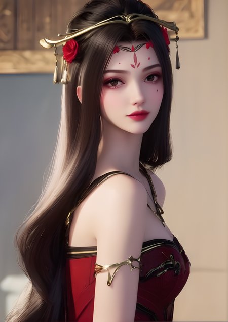 profile,ultra realistic 8k cg,picture-perfect face,flawless,clean,masterpiece,professional artwork,famous artwork,cinematic lighting,cinematic bloom,perfect face,beautiful face,beautiful eyes,fantasy,dreamlike,unreal,science fiction,absurdly long hair,very long hair,(rich:1.4),detail,delicate pattern,charming,alluring,seductive,erotic,enchanting,hair ornament,looking at viewer,sexy,charming,alluring,seductive,
1girl,black hair,breasts,red dress,facial mark,forehead mark,hair flower,hair ornament,jewelry,solo,paimaishi,<lora:meiya_V2:1>,