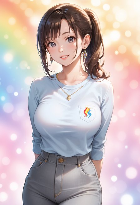 score_9, score_8_up, score_7_up, masterpiece,source_anime, best quality, perfect anatomy, very aesthetic, ((outlined outlined vector graphics)),glittering, glimmering, gold theme,detailed background,cowboy shot,
1girl,20yo, brown hair, gray eyes, (large breast:1), (ponytail:1.1), medium hair,(curvy:1.1),(light blue clohtes shirt:1.1),gray skirt,bangs, looking at viewer,, jewelry, earrings, parted lips,, long sleeve ,  standing , ,  arms behind back ,pants, (clothed:1.4) , smile , rainbow, casual ware, rainbow powder background   <lora:rainbow-powder-background-01:1>