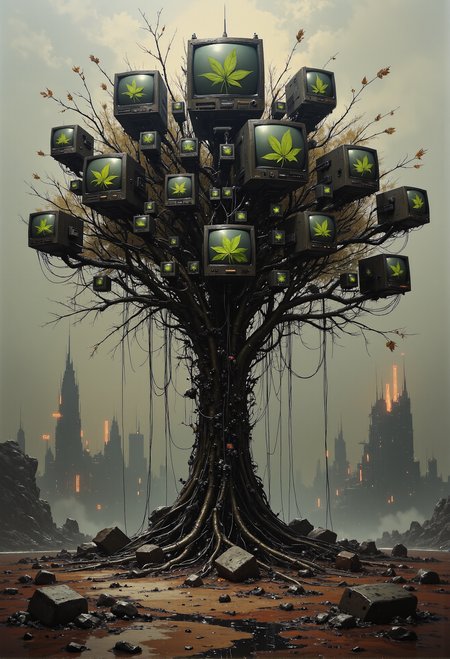 A cyberpunk scene set in a dystopian landscape, featuring a hauntingly unique tree constructed of metallic branches intertwined with tangled electrical wiring. The tree is devoid of leaves, its gnarled limbs instead adorned with countless old CRT monitors of varying sizes. Each monitor flickers with a static glow, displaying fragmented yet synchronized images of a single large green leaf, as if attempting to replicate life in this bleak, artificial world. The ground is cracked and barren, littered with rusted debris, while neon hues from distant, decaying city structures cast an eerie glow through the smog-filled air. The atmosphere feels heavy and surreal, blending the remnants of nature with the stark, cold essence of technology. <lora:artisketchyfs-v02.safetensors:0.5>,  <lora:NotTheRealWorld-v55-000010.safetensors:0.3>,  <lora:we-br-v2.safetensors:1.0>,