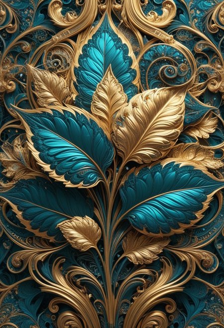 photo of a paisley pattern, boteh, paisley, teal blue, shining gold leaf, almond, entwined paislies, official art, aesthetic, dynamic angle, hyper detailed, order and chaos, vibrant colors, high contrast, (extremely detailed, intricate details, masterpiece, best quality, 8k wallpaper:1.4), dramatic lighting, (dark teal and gold palette:1.2), twisting paisley