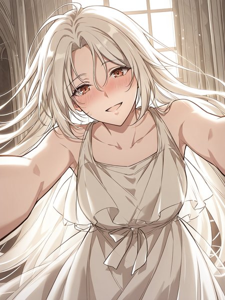 <lora:Omniscient_Readers_Viewpoint__Shin_Yoosung_adult:1>
1girl, solo, very long hair, white hair, straight hair, parted bangs, hair between eyes, red brown eyes,
white dress, flowing dress, layered dress, sleeveless dress, ankle length dress, soft fabric, ethereal look,
score_9, score_8_up, score_7_up, score_6_up, source_anime, rating_explicit, 1girl, solo, smile, embarrassed, alcalose eyes, open mouth, mansion, indoors, looking at viewer, outstretched arms, pov, close-up, (head tilt:1.2)