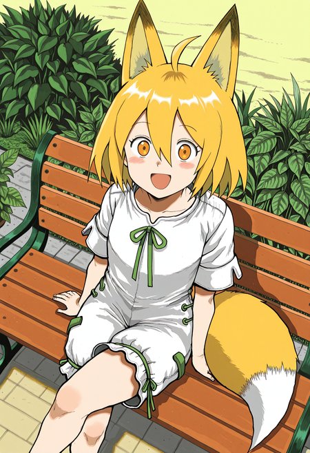 1girl, solo, fox ears, fox tail, hair between eyes, short hair, blonde hair, bangs,
romper, open mouth, smile, green ribbon, short sleeves, looking at viewer, blush,
garden, sitting on bench, crossed legs, from above,
<lora:QHayashidaIL-style:1>, qhayashidastyle312,masterpiece,best quality,amazing quality,