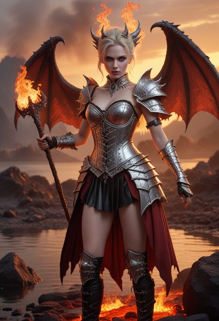 (medium full shot) of  (fatal demon) young woman, swedish, blue eyes, fair skin, pale skin, glowing white eyes, willowy, short blonde french twist hair,  wearing Silver-plated demon armor adorned with intricate engravings, a corset-style top, armored skirt, knee-high boots, twisted crown of bones,  leathery red wings edged with ethereal flames, wielding a serrated hell axe,  set in  Lakeside Platform, Jagged rocks encircle a bubbling lake of molten lava, wisps of smoke rising from the fiery surface, the air heavy with the scent of sulfur , at sunset, surprised, open mouth, pointing her finger at the viewer, Masterpiece,best quality, photorealistic, amazing quality, very aesthetic, extremely detailed face,