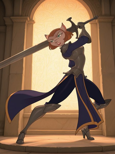 <lora:Captain_AmeliaIL:0.9> c_a, 1girl, cat, furry, ginger hair, green eyes, mint eyelids, freckle on upper right lip,
gigantic sword, steel armor,glowing liens, action, full body, glowing background