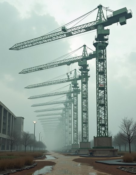 universal constructor factories building anything from base matter, n-dimensional folding space origami meditation gardena series of interlocking construction cranes, the cranes are white and dark green, each crane has multiple vertical rows of identical cranes, the cranes are tall and extend outward, all cranes have a similar design, the cranes have a n-dimensional look with intricate patterns, there is a large building visible in the background on the left side of the image, the sky above is overcast with gray clouds, no humans are present, the scene appears to be set in a building or landscape, the overall color scheme is monochromatic with shades of gray and light brown, some areas of the image have