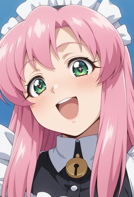 1girl,solo,cute,
Kaname Sakura pink hair, long hair, green eyes
maid, maid apron, maid headdress,small breats, 
smile happy cheerful bright_eyes open_mouth_smile blush sparkling_eyes joyful_expression uplifted_eyebrows rosy_cheeks
looking at viewer,portrait
Simple blue background,(soft focus:1.3), 
masterpiece, amazing quality, best quality, ultra-detailed, 8K, illustration, CG, shiny hair, clear skin, ultra-detailed-eyes, eyelashes, highly detailed,