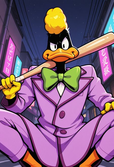 masterpiece, best quality, Graphic Design, color art, vibrant colors, colorful, intricate details, high contrast, detailed background, beautiful detailed, beautiful face, detailed eyes, detailed face, new, newest, z00td4ffy, 1boy, solo, male focus, furry, duck, black skin, beak, black eyes, yellow hair, pompadour, suit, formal, purple coat, green bowtie, yellow gloves, cowboy shot, looking at viewer, raising one eyebrow, night, street, squatting, weapon over shoulder, holding baseball bat, from below, low angle,