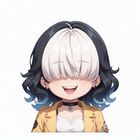 score_9, score_8_up, score_7_up, rating_safe, zPDXL2,  zPDXLxxx, zPDXL3, source_anime, <lora:GenshinChibi:1.3>, 
(GenshinChibi, chibi:1.2), <lora:OC5:1>, oc5comm, (medium hair:1.1), wavy hair, black hair, white hair, multicolored hair, white tanktop, yellow jacket, choker, open jacket, open jacket, 
hair over eyes, :d, happy, 
peace sign, black nails, 
simple background, white background,