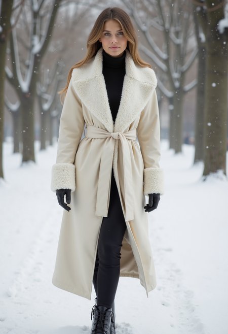 full body shot, beautiful woman, clo023, wearing a closed longline cream coat, shearling collar and cuffs, belted at the waist, black trousers, warm boots, standing in the snow in apark, snowing