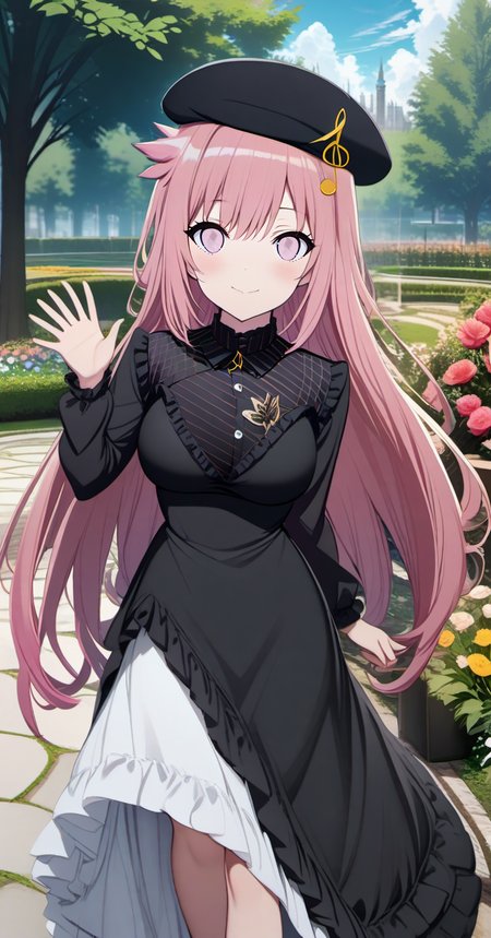 ((torino aqua:1.4))priscadys,mainoutfit,1girl, solo,((cowboy shot)),pink hair, ((pink eyes)), long hair, breasts,, bangs, medium breasts, very long hair, closed mouth, <lora:priscadys_v1_33:.8> , hair flaps, breasts,looking at viewer, blush,smile,black headwear, beret,treble clef, dress,long sleeves,black sleeves,shirt,black shirt,((black_dress)) ,long_dress,striped,musical note, frills,frilled dress, skirt,white_skirt,outdoors,garden, flower,trees,blue sky, clouds,day,((lower body)), waving, hand up, feet out of frame, large breasts, black footwear, long skirt,