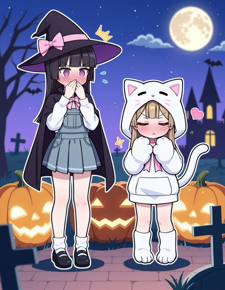 long hair, looking at viewer, blush, shirt, skirt, multiple girls, brown hair, black hair, long sleeves, gloves, hat, holding, bow, animal ears, closed mouth, 2girls, standing, school uniform, purple eyes, tail, white shirt, full body, closed eyes, heart, outdoors, pleated skirt, sky, shoes, choker, socks, hood, black skirt, cat ears, blunt bangs, pink eyes, miniskirt, black footwear, blurry, cape, red bow, tree, hands up, v-shaped eyebrows, cat tail, black headwear, sparkle, fake animal ears, hoodie, night, witch hat, embarrassed, white socks, moon, cross, pink bow, ^^^, night sky, cloak, grey skirt, hood up, :<, full moon, outline, halloween, animal hands, @ @, fake tail, animal hood, covering own mouth, black cape, wand, white outline, jack-o'-lantern, witch, overalls, hand to own mouth, halloween costume, animal costume, paw gloves, bat \(animal\), pumpkin, blunt ends, white hoodie, bare tree, pink choker, holding wand, castle, cat paws, cat hood, tombstone, graveyard
rating safe, alice99narumi,
masterpiece, best quality, amazing quality, highres, newest,  <lora:alice99narumi_v2:1.0>