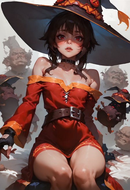 score_9, score_8_up, score_7_up,   Slim girl, tiny breasts, narrow waist, wide hips, skinny, tiny, miniscule, petite, small arms, small legs, small body,  megumin, bare shoulders, black gloves, black hair, blush, choker, collarbone, dress, fingerless gloves, gloves, hair between eyes, hat, long sleeves, medium hair, off-shoulder dress, off shoulder, red dress, red eyes, sidelocks, witch hat, 1girl, delicate and smooth skin, blush, perfect body, thighs, highly detailed, glossy lips,  <lora:Concept Art DarkSide Style LoRA_Pony XL v6:0.8> concept art,     <lora:GwentStyle_v2:0.6> gwentstyle   <lora:Expressive_H-000001:0.8> expressiveh
