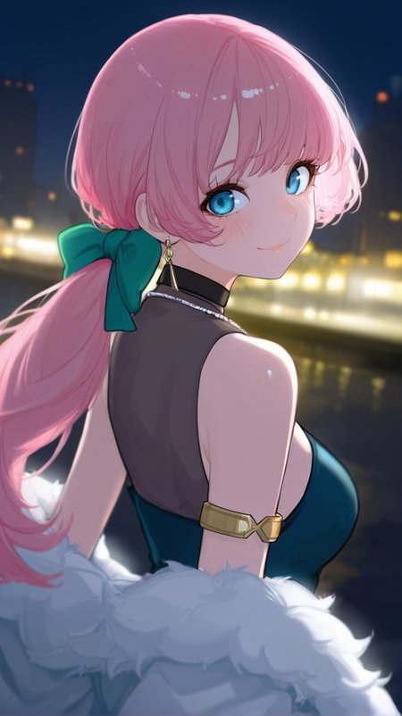1girl, solo, long_hair, breasts, looking_at_viewer, blush, smile, bangs, blue_eyes, bow, bare_shoulders, jewelry, medium_breasts, closed_mouth, jacket, upper_body, ponytail, pink_hair, hair_bow, earrings, outdoors, sleeveless, choker, looking_back, necklace, off_shoulder, blurry, coat, fur_trim, night, blurry_background, armlet, low_ponytail, green_bow, fur_coat