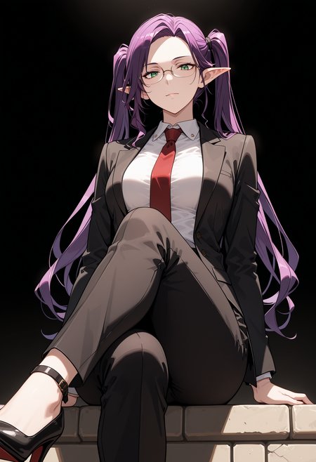 masterpiece, best quality, highly detailed, ultra-realistic, score_9, score_8_up, score_7_up, score_6_up,
1woman, solo, sporty female, mature girl, big woman, warrior women,  Imina, slim, elf, twintails, long face, nice skin, long hair, purple hair, green eyes, looking at viewer, medium breasts,
aesthetic, strict suit, white shirt, red tie, buisnesswoman, sits with legs crossed, narrow glasses, (view from below), high heels, classy, elegant, stylish, 
tall woman, nice hips, detailed eyes, detailed face, empty hands, (cowboy shot),
fit, toned, stands proudly, outdoors, (black background:1.3, tense atmosphere), <lora:Imina_Overlord:1.5>