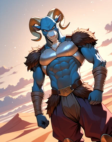 <lora:Moro_2nd_Form_(Dragonball_Z)_(Illustrious)_(AD):1.15> Moro, muscular, goat,
dutch angle, exterior, desert, sky with detailed clouds,
male focus, gradient coloring, solo, cowboy shot, bent leg, perfect proportions, goat head, blue body, soft shading, evil smirk, old, wrinkles, white beard, brown fur shoulders, brown fur waist, white chest armor, 
BREAK very awe, aesthetically pleasing, masterpiece, best quality, amazing quality, very aesthetic, perfect depth of field shot, in'ei, furry_art, source_furry, source_anime,
EZRealPONYXL, zPDXL, Smooth Quality, lazympos, IllustQualXL_Pos,