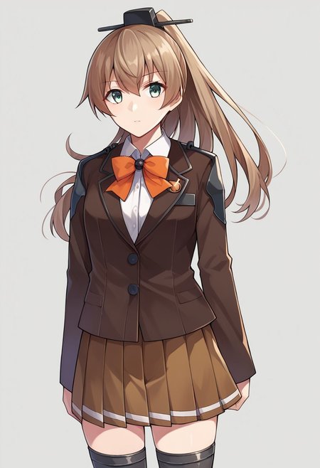 score_9, score_8, score_7, source_anime, kumano (kancolle), ponytail, long sleeves, jacket, skirt, blazer, pleated skirt, thighhighs, cowboy shot, white shirt, bow