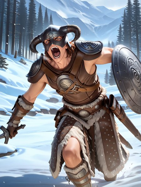 realistic,dovahkiin armor,solo,1boy,shield,horned helmet,male focus,sword,snow,open mouth,shoulder armor,sheath,brown gauntlets,shouting, the elder scrolls v: skyrim, 
masterpiece,best quality,amazing quality,very aesthetic,absurdres,newest,<lora:Dovahkiin illuXL v1:0.78>,