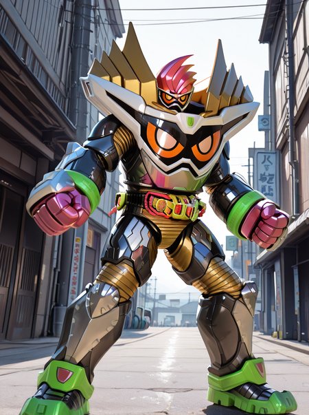 masterpiece, best quality, amazing quality, very aesthetic, absurdres, newest,shiny skin,    <lora:exaid99:1>exaid99, armor, 1boy, clenched hands, tokusatsu, looking at viewer, standing, robot, orange eyes, helmet fighting stance,