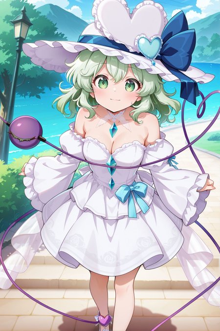 absurdres, highres, masterpiece, best quality, amazing quality, official anime artwork, screencap, anime screencap, outdoors, looking at viewer, light smile, dynamic pose, standing,
 <lora:Komeiji-Koishi_IllustriousV2:1>  komeiji koishi, 1girl, solo, green eyes, green hair, medium hair, third eye, heart of string,, komeiji koishi \(white darkness of the earth's core\), alternate costume, white hat, frilled hat, hat ribbon, blue ribbon, heart hat ornament, cleavage, wedding dress, white dress, off-shoulder dress, frilled dress, diamond button, chain, wide sleeves, white footwear, white shoes,