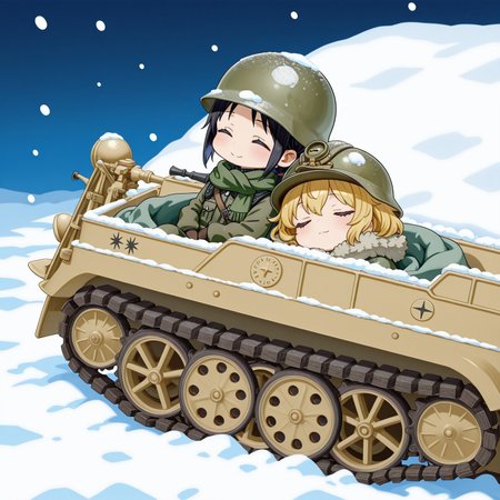 score_9,score_8_up,score_7_up,source_cartoon,masterpiece,best quality,detailed digital illustratio,zPDXL3,<lora:kettenkrad-000023:1>,kettenkrad,snow,snowing,night,last tour,
2girls,sitting inside kettenkrad,Chito \(girl's last tour\),black short hair,olive drab colored helmet,smile,olive drab cold weather military uniform with fur around the neck,chibi,
2girls,sitting on rear sheat,Yuuri \(girl's last tour\),blonde,short hair,fluffy hair,olive drab colored helmet,,olive drab cold weather military uniform with fur around the neck,closed eyes,chibi, kettenkrad, sleeping, wrapped in warm blanket, large blanket, leaning against each other, (cuddling)