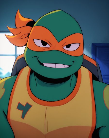 score_9, score_8_up, score_7_up, smooth lines, countershading, soft shading, 2d, extreme detail, 4K, high definition, high resolution,  <lora:rottmnt8:0.8>, 1boy, solo, Mikey, green skin, turtle, mask, sportswear, curious, smirk, looking at viewer, upper body, indoors,