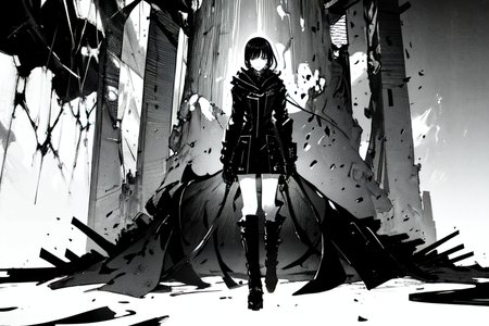 highly insanely detailed, masterpiece, top quality, best quality, highres, 4k, 8k, RAW photo, (very aesthetic, beautiful and aesthetic),  
tsutomu nihei,nihei_tsutomu,blame!,blame gakuen!,abara,TNstyle,sidonia_no_kishi,(tower,tunnel,city ruins,giant room,sidonia \(ship\),deep horizon,lab,mausoleum), 
<lora:ABARA:0.8>, 
(1girl:1.3), 
solo focus, 
a colorful background,(colored camouflage background,dripping colors background,solid color background),âââ