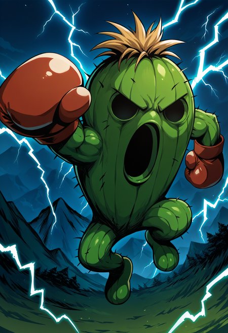 score_9, score_8_up, score_7_up, source_anime, jumping, angry, arm up, <lora:TogemonDG-pdxl:1> tgDG, creature, no humans, green skin, black eyes, solid circle eyes, blonde hair, open mouth, boxing gloves, red gloves, lightning, night, mountain