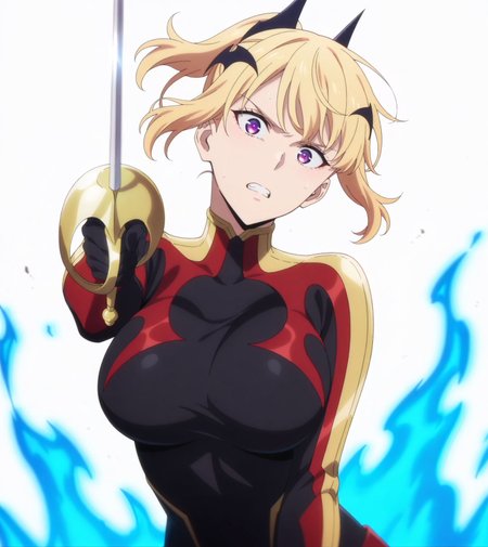 masterpiece,best quality,anime coloring,anime screenshot,
(simple background, white background), head tilt, anime screencap,anime coloring, (masterpiece, best quality:1.2), <lora:Hae-In_C2:0.8>, haein2, 1girl, solo, blonde hair, purple eyes, short hair, bodysuit, open mouth, looking at viewer, hair ornament, breasts, bat hair ornament, black bodysuit,large breasts, rapier, clenched teeth, fighting stance, blue aura, <lora:add-detail-xl:1>
solo leveling,  official art,