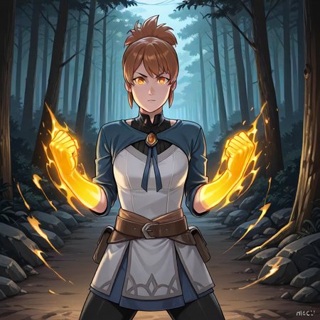 1girl, Marci  <lora:Marci Illustrious:1>, fighting pose, glowing fists, woods