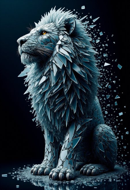 <lora:Glass_Fracture_Former_FLUX-000017:0.9>
This is a digital artwork featuring a stylized, surreal image of a lion made entirely of shattered glass.