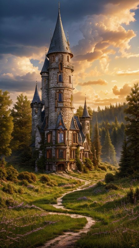 realistic analog photo, award winning photo,
 <lora:Wizard_Tower:0.75> witow, castle, cloud, cloudy sky, grass, no humans, scenery, sky, tower, tree, <lora:Fantasy_Mountains:0.75> fanmou, footprints, forest, grass, nature, no humans, outdoors, sky, tree,
RAW, highres, 8k, uhd, High Dynamic Range, tonemapping, crisp details,