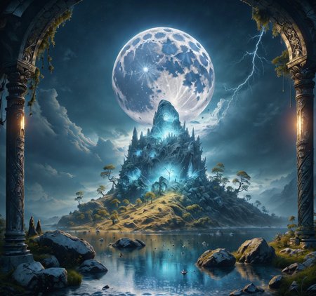 RAW photo, (masterpiece:1.3), subsurface scattering, heavy shadow, (high quality:1.4), (intricate, high detail:1.2), professional photography, HDR, High Dynamic Range, realistic, ultra realistic, photorealistic, high resolution, film photography, ambient lighting, atmospheric effects, <lora:detail_slider_v4:2>, OverallDetail,  DarkFantasy, <lora:Magical_Place:1>, arch, bird, blue sky, butterfly, cloudy sky, fantasy, grass, lightning, mapla, moon, nature, outdoors, plant, reflection, scenery, tree