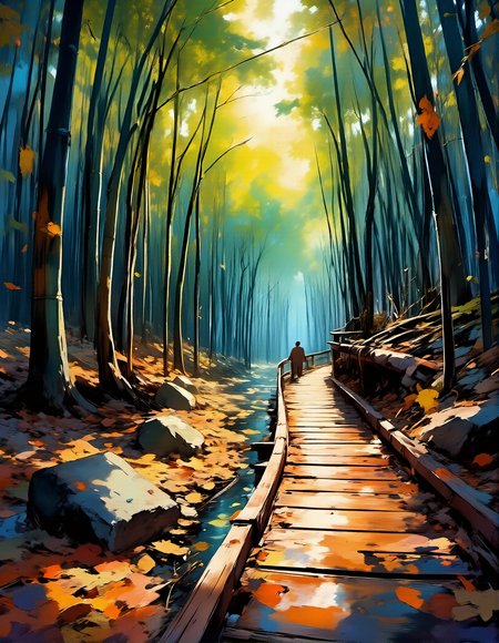 Watercolor painting an dreamwave digital  painting of a  wooden boardwalk winding through a dense bamboo forest.
The boardwalk is made of wooden planks and is surrounded by tall bamboo trees. The trees are tall and slender, with their trunks reaching up towards the sky.
The ground is covered in fallen leaves and twigs, and there is a small hill on the left side of the boardwalk
a painting-like style with bold lines and vibrant colors.
<lora:Dreamwave_FLUX:0.7>  <lora:detailed_v2_flux_ntc:1> <lora:Eldritch_Digital__Painting_for_Flux:1> . Vibrant, beautiful, painterly, detailed, textural, artistic