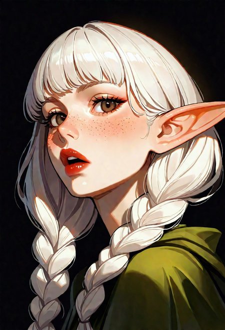 masterpiece, best quality, good quality, very aesthetic, absurdres, newest, elf \(dragon's crown\), dragon's crown, 1girl, brown eyes, long hair, white hair, twin braids, elf, solo,  looking at viewer, blush, open mouth, dress, upper body, parted lips, teeth, from side, looking to the side, lips, head tilt, upper teeth only, shadow, black background, portrait, freckles, realistic, red lips, headdress, photorealistic