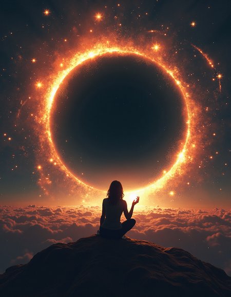 An intricate digital illustration of a woman with a solitary figure, the woman is crouching at a point of symmetry and holding a lit-up object in her right hand. The lights are in a black hole surrounded by cosmic force fields, creating a circular pattern of light and dark. The galaxy galaxy is a spiral galaxy, causing the light to be illuminating the woman and the surrounding chaos. The background is a galaxy of stars and nebulae, creating a sense of depth and motion.