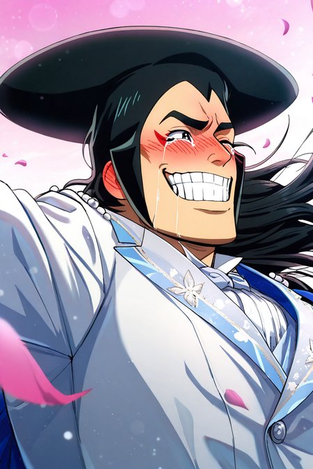 realistic shading, natural lighting, male focus, looking away, expressive happy face, kouzuki oden, black-bluish green_kouzuki oden_male long hair, black_kouzuki oden_eyes, red_kouzuki oden_makeup, 1boy, nose blush, ear blush, blushing, crying, teeth, grinning, shiny skin, groom cosplay, white formal suit, gradient pink sky, bokeh, floating petals, romantic, from side, from below, dutch angle, dynamic angle, dynamic action, atmospheric perspective, cinematic, intricately detailed illustration, depth of field, masterpiece, best quality, amazing quality, very aesthetic, absurdres, newest, anime screencap