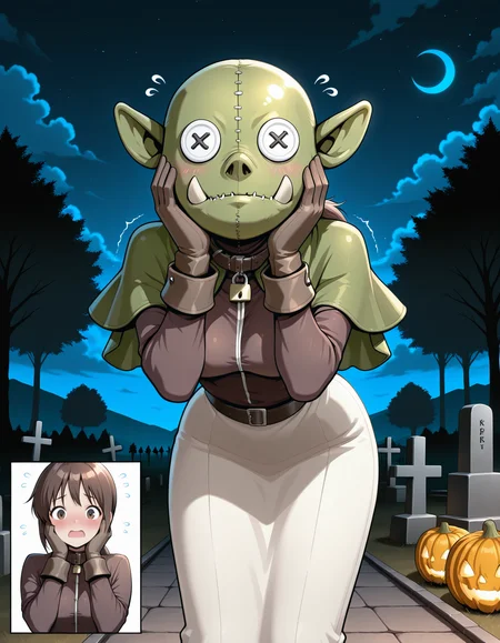 1girl,solo,
(inset:1.2),black background, comic, no mask,
blush, embarrassed,
orcish, mask, button eyes, cosplay,covered face,padlock,animal collar,covered neck,green capelet,skinny,orc, stitched, [green bag over head::0.1], 
outdoors,night,Halloween,graveyard,starry sky, crescent moon, bat \(animal\), tree, cloudy sky,
flying sweatdrops,hands on own face,trembling,
standing, bent over, leaning forward,  ,?,??,confused,
masterpiece,best quality,amazing quality,very aesthetic,absurdres,newest,
<lora:reduce_wrinkles_illstriouosv0.1_ADDifT_2_in_1_v1.2:0.8>,
<lora:99coins_reverse_orcish_IL_v14_09:1.0> ,
 <lora:acoRoIllustriousV1.0-000006:0.8> acoRO, brown shirt, brown gloves, brown cuff, long sleeves, long skirt, [white skirt:cream skirt:0.1], pencil skirt, low ponytail, brown hair, brown eye,medium breasts, bangs,sidelock,  open mouth,