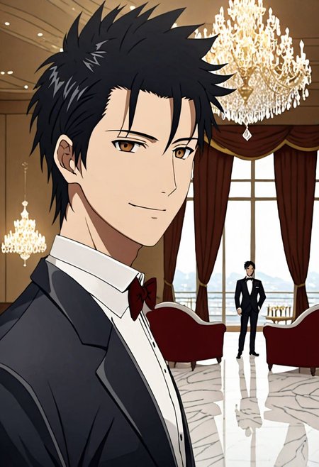 Highres, Masterpiece, High Quality, 4K, 8K, solo, 1Boy, Soujirou Agata, brown eyes, black hair, ballroom, luxury hotel, luxury room, marble floor, crystal chandelier, classic ornaments, tuxedo, smile, musterius, classy, confident, rich, easynegative, detailed_eye_model