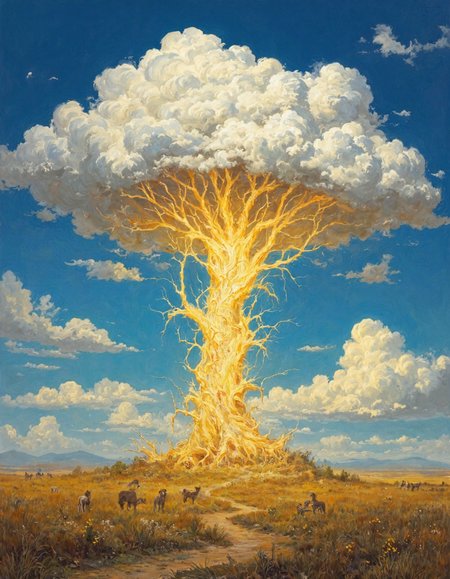 The image depicts a majestic, surreal Tree of Light made of glowing golden veins and ethereal clouds, rising into the heavens from a tranquil savanna landscape. With its radiant, self-illuminated trunk and voluminous, cloud-like canopy, the tree serves as a divine focal point against a backdrop of deep skies and rolling clouds. The scene blends realism with fantasy, creating a peaceful yet awe-inspiring vision that suggests spiritual transcendence, cosmic balance, and the mystical connection between heaven and earth.