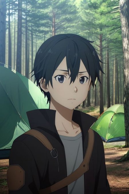 high resolution, solo, best quality, 1Boy, Kazuto Kirigaya, portraits, Black Hair, Black Eyes, forest, camping, OverallDetail