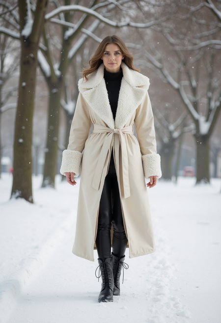 full body shot, beautiful woman, clo023, wearing a closed longline cream coat, shearling collar and cuffs, belted at the waist, black trousers, warm boots, walking in the snow in a park, snowing