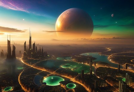 amazing photo taken from the top of a crane on a skyscraper built by an unknown civilization's city on Titan which is Saturn's moon, Saturn is visible in the sky, the alien city is lit with dim lights of browns and greens and blues and purples, unbelievably detailed view of a massive newly-discovered alien city, 
imaginative image, eye-popping depth and clarity, super details, 8k crisp, astonishing vision of what a city on Titan might evolve to look like for the sentient beings that could inhabit such a world in our solar system, 
epic lighting,  
highest quality,