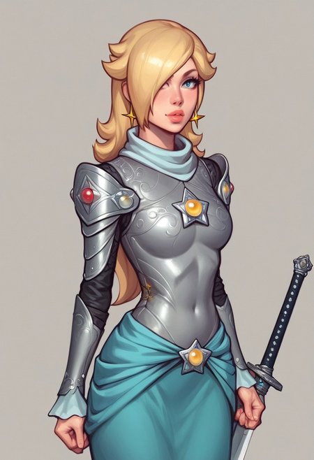Beauty Princess Rosalina from Super Mario, pale skin, slim stomach, long hair, side bangs, ultra detailed beauty faces, full body, action pose, big brightness blue eyes,
(((full-clothed medieval armor))), ((long sword in hands, steel sword in hands)), medieval style
BREAK 
strange world background score_9, score_8_up, score_7_up, score_6_up, source_cartoon, rating_explicit, Expressiveh, (((((portrait, close up))))), dynamic pose