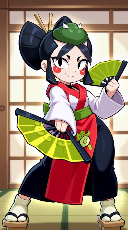 masterpiece, best quality, amazing quality, aesthetic,  absurdres, best quality, 4k, upscale, indoors, (dynamic pose, fighting stance, foreshortening), kaze, solo, 1girl, black hair, japanese clothes, black eyes, smile, geta, dual wielding, hand fan, kimono, sandals, standing, apron, looking at viewer, hair stick,  <lora:Kaze_IL:0.8>