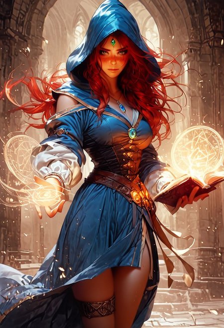 score_9, score_8_up, score_7_up, score_6_up, score_5_up, score_4_up,  sorceress, casting thunder magic spells, blue hood, medium breasts, colorful eyes, freckles, red hair, magic circle, thigh strap, petite, 1girl, delicate and smooth skin, blush, perfect body, thighs, large breasts, highly detailed, glossy lips, looking at viewer, tomes in background, magic book, ritual, vials, potion,  <lora:Fant5yP0ny:0.8>, <lora:Pony_Fantasy_Wizard__Witches_-_By_HailoKnight:0.8> hkmagic