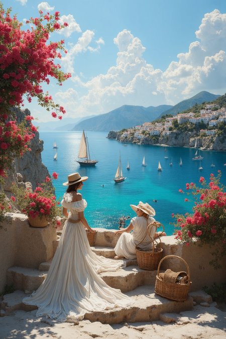 masterpiece, best quality, 4k, HDR, hi-resolution, tetradic colors in details, (volumetric light:0.8), (light diffusion:0.9), light ray tracing,very realistic,midjourney,detailifier,db4rz style, digital art,full body shot, A young woman, adorned in a diaphanous white dress and a wide-brimmed hat with a cerulean band, sits contemplatively on a sun-drenched stone ledge. Her wicker basket rests beside her.  Dynamic three-quarter shot, emphasizing the juxtaposition of her tranquil repose against the sprawling vista of a cerulean sea and a cascade of whitewashed, Cycladic-style buildings clinging to the coastline.  Meticulous detail in the architecture, the texture of the stone steps, and the individual sailboats dotting the bay.  Effulgent, natural lighting.  Expand the scene by adding bougainvillea cascading over the white walls and the faint, mellifluous chime of distant church bells.  Focus on the interplay of light and shadow on the buildings and the undulating texture of the sea.